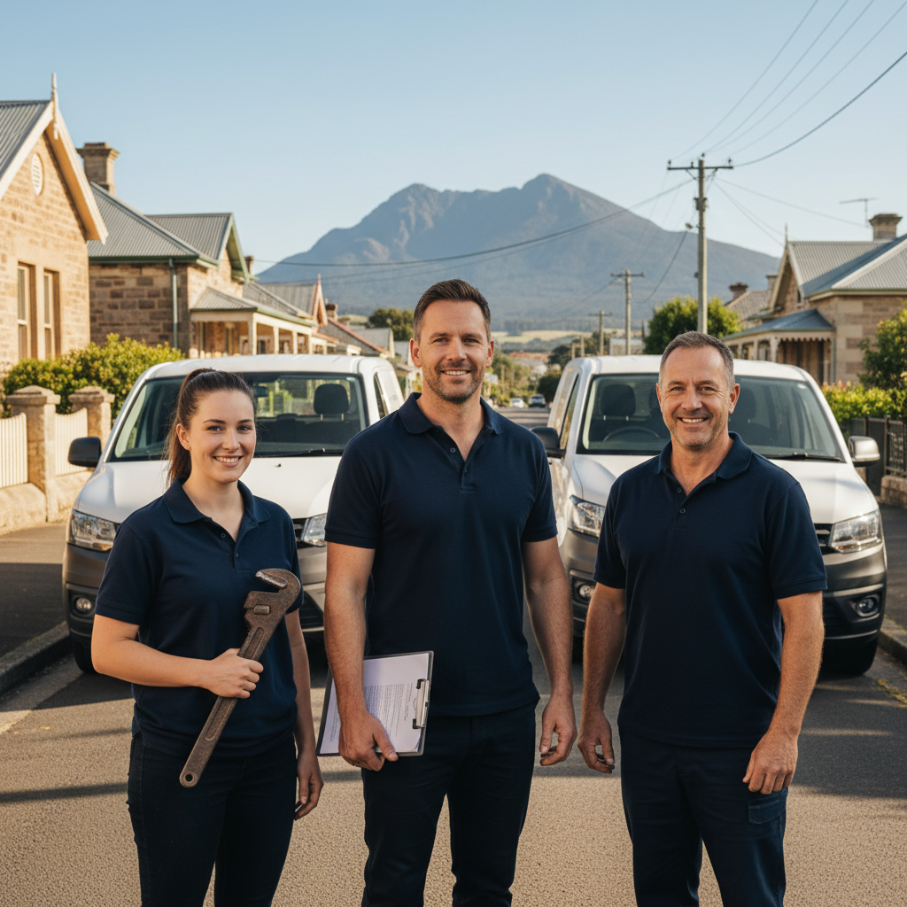 Dellore Plumbing Services team in front of two clean work vans on a sunlit Ballarat street, friendly and relaxed.
